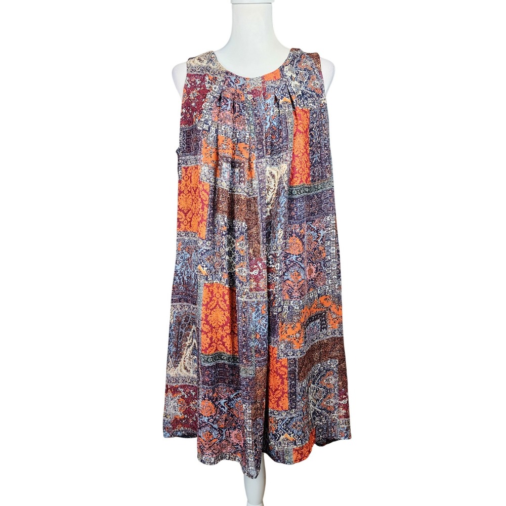 Emma & Michele Shift Dress Womens XL Orange Paisley Pleated Casual Boho Vacation